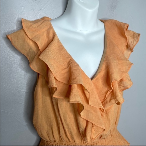 DO+BE Orange Ruffle Top Size Small Shirred Vneck Feminine Summer Colorful Bright - Picture 3 of 7
